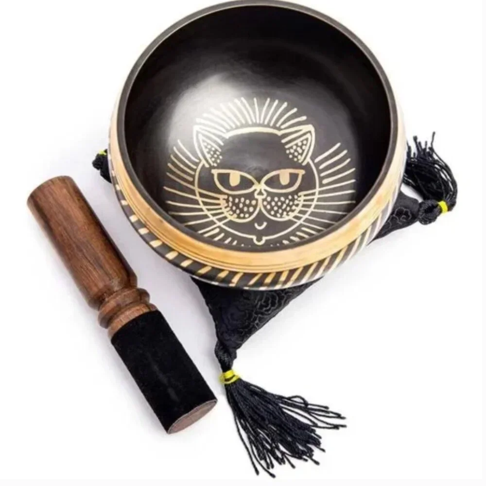 Tibetan Singing bowl Set - Easy To Play Cat Design Meditation Mindful 7 Sound